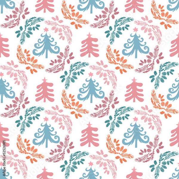 Fototapeta Merry Christmas  wreath seamless pattern  Template background design  with   christmas  floral wreath. Handdrawn holiday elements. Vector illustration