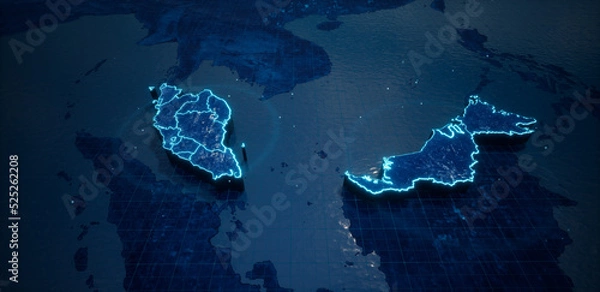 Obraz Abstract  geometric futuristic concept 3d Map of Malaysia with borders as scribble,  blue neon style. 3d rendering