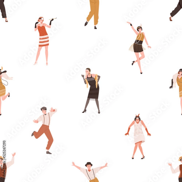 Fototapeta 1920s Broadway dancers pattern. Seamless repeating background with happy people dancing to 20s music at gatsby fashion party in twenties style. 1930s texture design. Colored flat vector illustration
