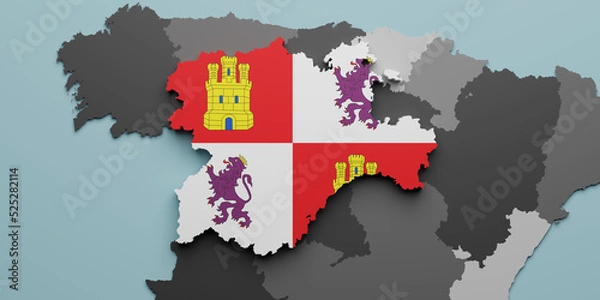 Obraz 3d Castilla Leon region flag and map