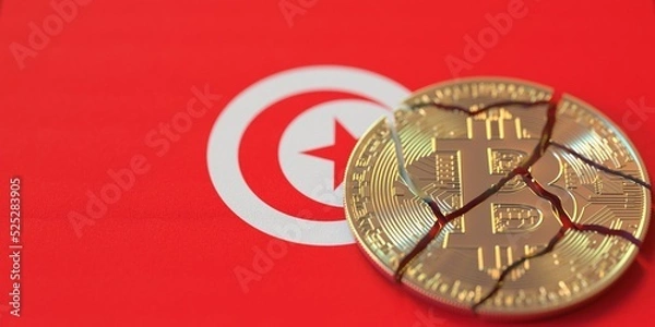 Fototapeta Flag of Tunisia and broken bitcoin. Cryptocurrency ban or crypto legal issues concepts, 3d rendering