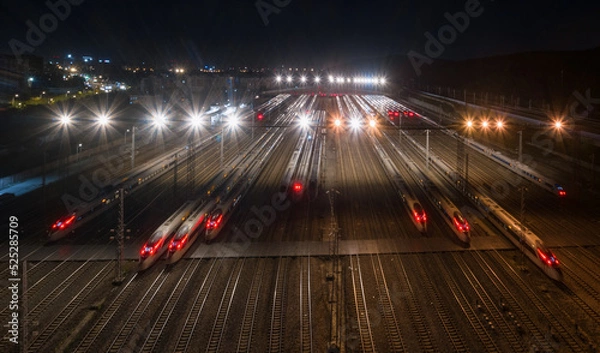 Fototapeta Aerial photo of high-speed rail parked on railway tracks in high-speed rail warehouse.Taken at Nanjing South Railway Station, Nanjing City, Jiangsu Province, China