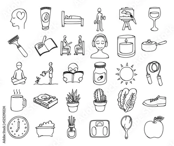 Obraz Healthy lifestyle Doodle vector icon set. Drawing sketch illustration hand drawn line eps10