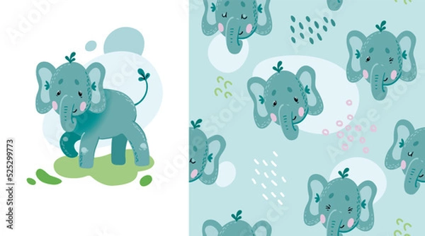 Fototapeta Seamless pattern and poster with cute baby elephant on light blue background in cartoon style.
