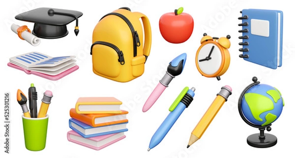 Fototapeta Icons set for back to school, learning and onlline education banners. School bag, notebook, writing accessories, globe, books stack, clock and graduation cap. 3d high quality isolated render