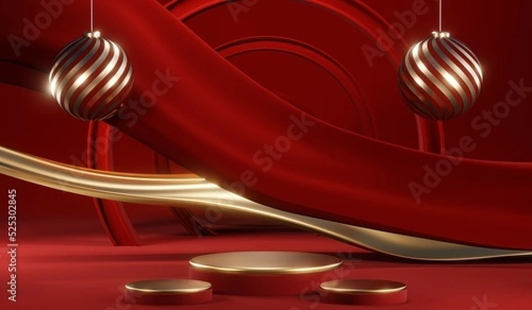 Fototapeta 3D rendering of blank product background for cream cosmetics Modern red podium background