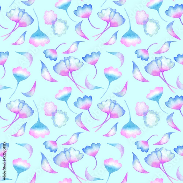 Fototapeta Floral seamless pattern with gimkgo leaves on light blue background. Hand drawn digital paper with pink and blue ginkgo leaves. Abstract foliage pattern background.