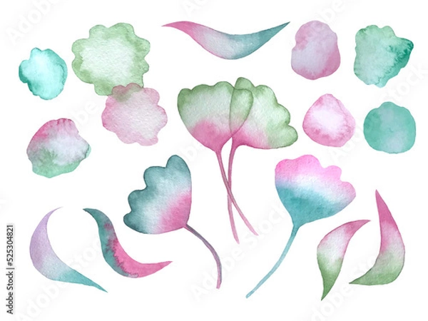 Fototapeta Floral watercolor clipart with gimkgo leaves on white background. Hand drawn pink and green ginkgo leaves. Abstract foliage background.