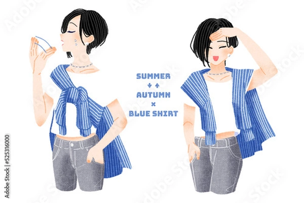 Fototapeta ストライプシャツの着回しファッションの女性