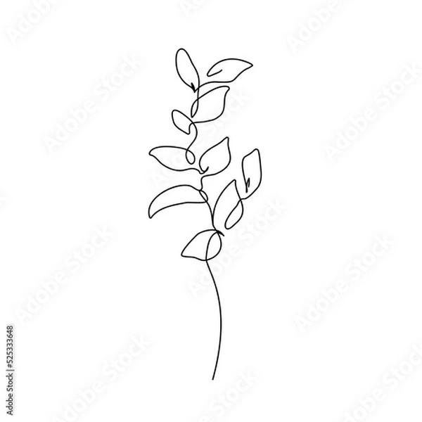 Fototapeta Line Art Leaves Branch Silhouette Black Sketch on White Background. One Line Beautiful Plant with Leaves. Floral Minimalistic Vector Illustration.