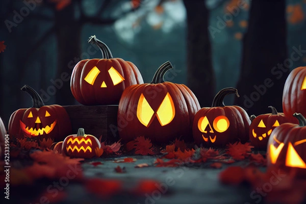 Fototapeta pumpkin Halloween witch graves in painting pictures. Halloween nightmare concept. sketch design style. event festival day. out of focus background. full moon cloudy mood. head of the pumpkin gost.