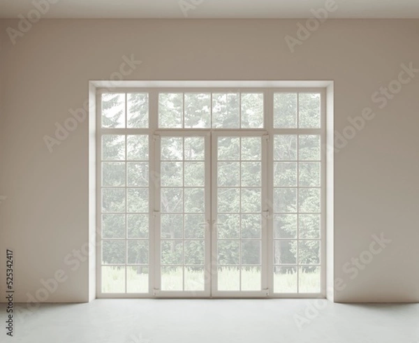 Fototapeta Classic empty room with glass house entrance. Concrete  floor, beige walls. View from the window to the forest. 3d render	