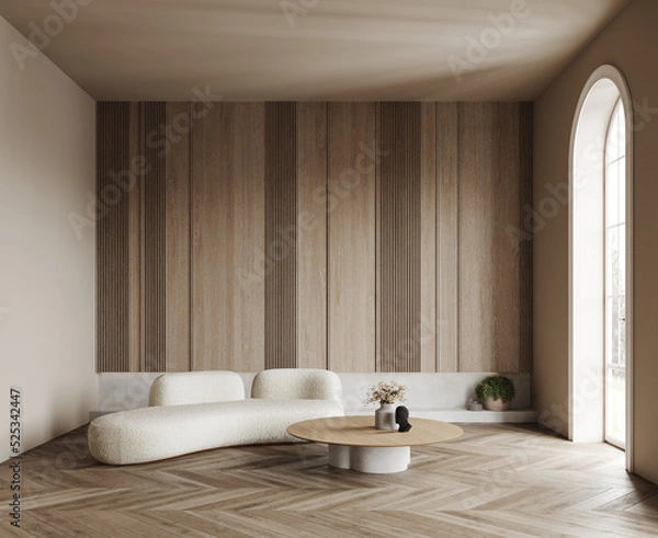 Fototapeta 3d rendering of modern living room with 
boucle white sofas and stone table, wood panels on the wall. Wooden wall , light parquet. Arched panoramic floor to ceiling window.