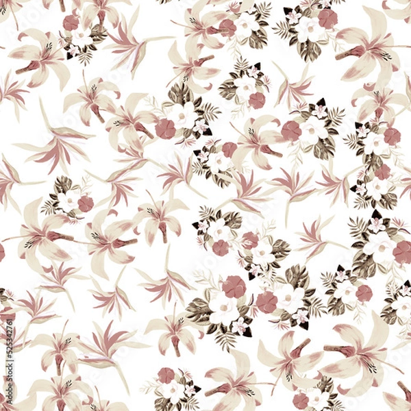 Obraz Old Seamless Nature. Gray Pattern Foliage. Brown Flower Exotic. Tropical Botanical. Watercolor Leaf. Summer Art. Decoration Hibiscus. Spring Background.