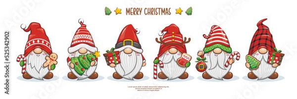 Obraz Set Of Merry Christmas With Cute Gnome Santa Claus Banner Design. Cute Cartoon Illustration