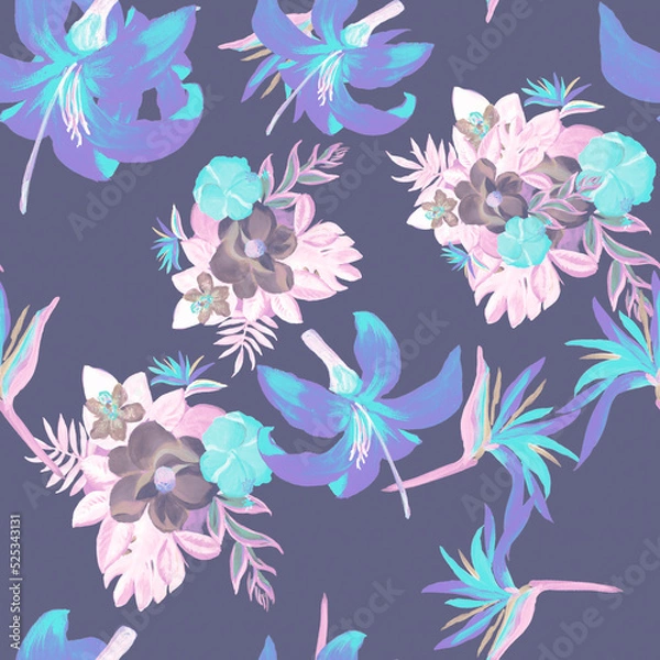 Obraz Blue Seamless Illustration. Gray Pattern Leaves. Navy Tropical Botanical. White Flower Background. Indigo Watercolor Exotic. Decoration Exotic. Blue Summer Hibiscus.