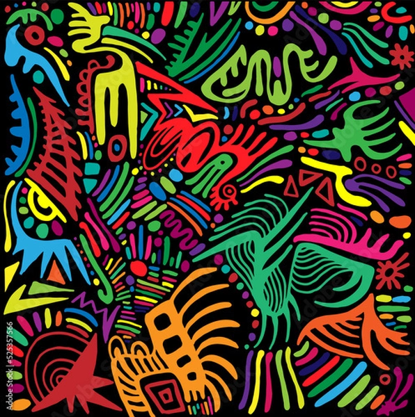 Fototapeta Primitive psychedelic colorful patterns, isolated on black background. Fantastic art with decorative simple background. Surreal doodle style. Rainbow abstract texture.
