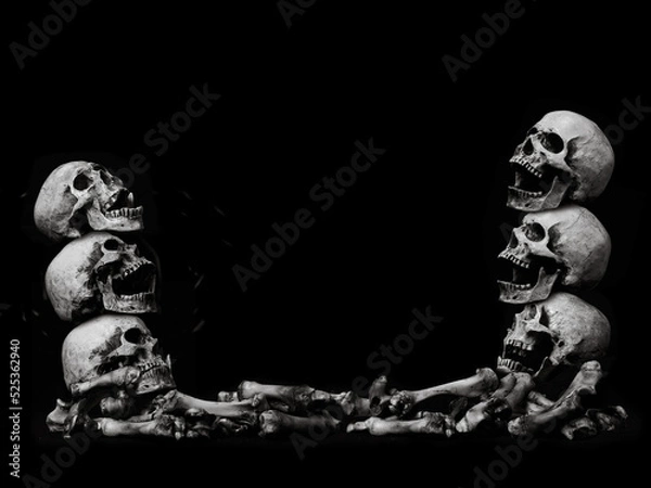 Fototapeta Awesome pile of skull human and bone on black cloth background, concept of scary crime scene of horror or thriller movies,Halloween theme, Still Life style, selective focus,