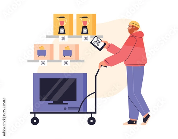 Fototapeta Man buying TV in hardware store and scanning QR code, flat vector illustration isolated on white background.