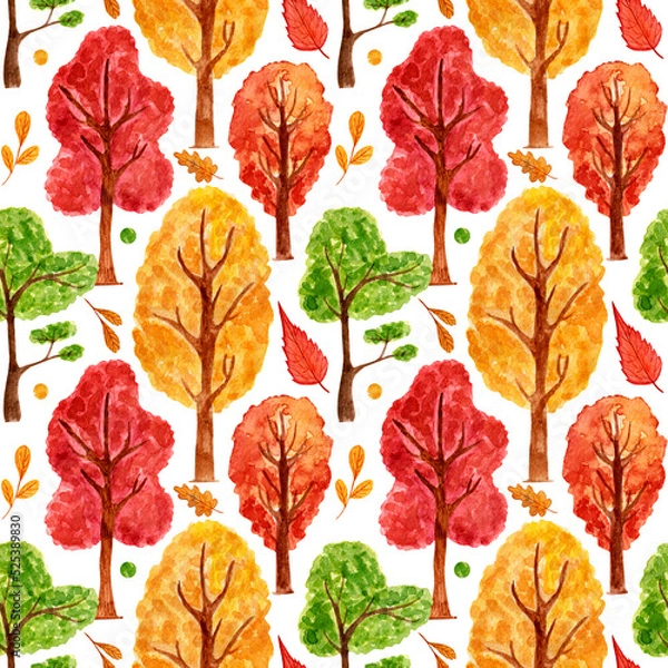 Fototapeta Watercolor seamless autumnal pattern with bright trees and various leaves on white background.
