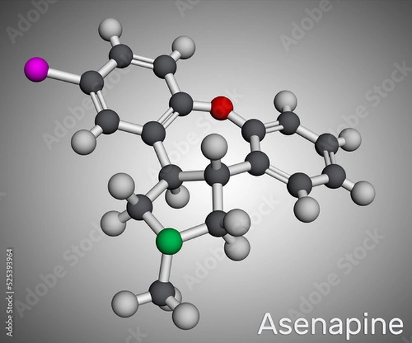 Fototapeta Asenapine molecule. It is atypical antipsychotic, used to treat bipolar disorder and schizophrenia. Molecular model. 3D rendering