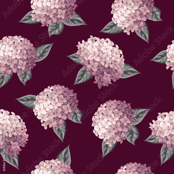 Fototapeta Seamless botanical pattern with pink hydrangeas. Vector