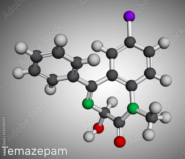 Fototapeta Temazepam drug molecule. It is benzodiazepine, used to treat panic disorders, severe anxiety, insomnia.. Molecular model. 3D rendering
