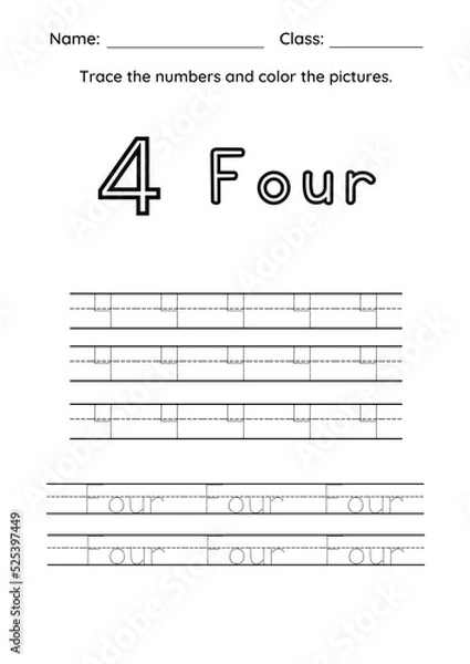 Fototapeta High Resolution Color and Trace the Number Worksheet for kids Practise and Homework Printable Pages.