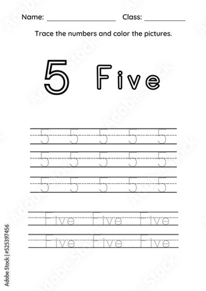 Fototapeta High Resolution Color and Trace the Number Worksheet for kids Practise and Homework Printable Pages.