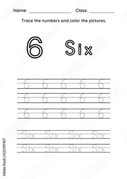 Fototapeta High Resolution Color and Trace the Number Worksheet for kids Practise and Homework Printable Pages.