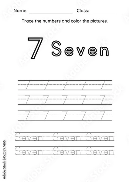 Fototapeta High Resolution Color and Trace the Number Worksheet for kids Practise and Homework Printable Pages.