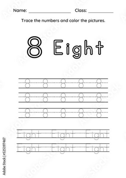 Fototapeta High Resolution Color and Trace the Number Worksheet for kids Practise and Homework Printable Pages.