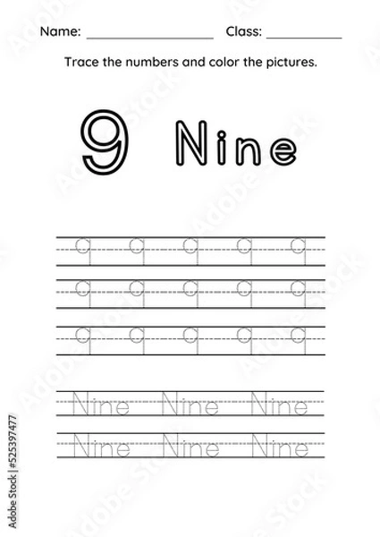 Fototapeta High Resolution Color and Trace the Number Worksheet for kids Practise and Homework Printable Pages.