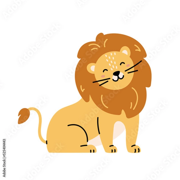 Obraz Wildlife animal. Cute lion smiling, for printing on baby clothes, postcards, baby shower. Lion isolated on white background, hand-drawn. Scandinavian style.