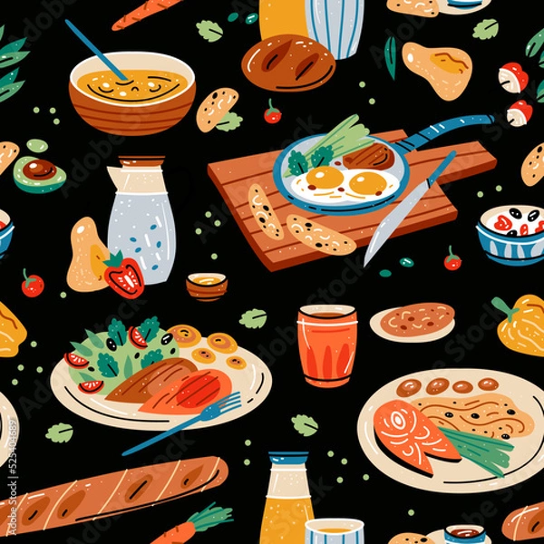 Fototapeta Colored seamless pattern of food and drink. Vector illustration for design of menu. Wallpaper, print, packaging, paper, textile design.