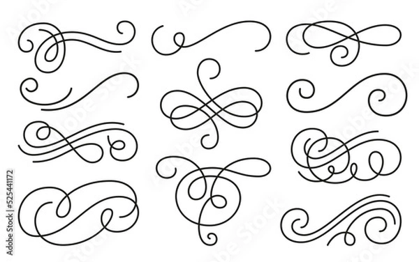 Fototapeta Black line calligraphic vintage swirl set. Classic antique typographic filigree curls. Elegant retro Ink hand drawn swashes. Christmas ornate wedding invitation Victorian style flourish scroll pattern