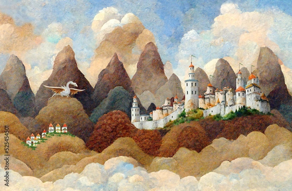 Fototapeta Children's painted colored wallpaper. A colorful illustration of a mountain landscape with a castle and a dragon. Design for a children's room, poster, postcard.