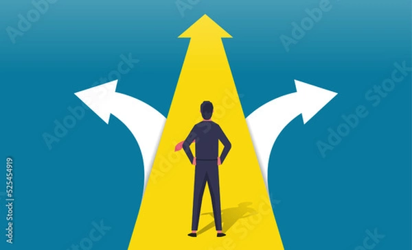 Fototapeta Businessman having to choose between three different choices indicated by arrows pointing in opposite direction concept, Choosing the correct pathway
