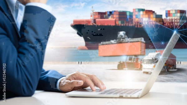 Fototapeta Business and Technology Digital of Cargo Containers Logistics Transport Concept, Business man using Tablet and Freight Ship, Container Truck, Forklift at Port, Transportation Import Export Background