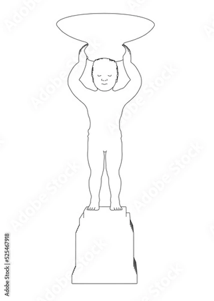 Fototapeta The contour of the sculpture of a boy holding a large bowl on his head from black lines isolated on a white background. Front view. Vector illustration.