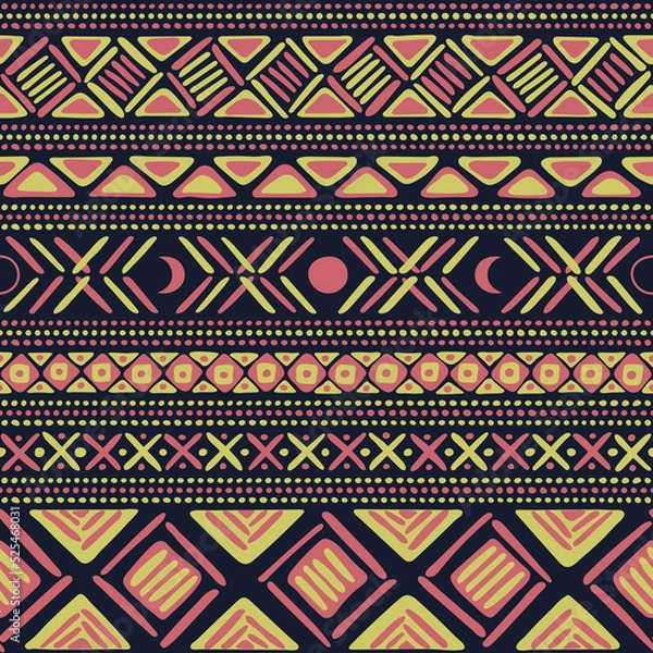 Fototapeta vector seamless pattern with geometric shapes and moons. hand drawn repetitive background. pink blue green tribal ornament. fabric swatch. wrapping paper. design template for textile, linen, decor