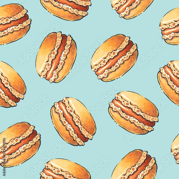 Obraz Pattern with macaroons. Watercolor illustration. Seamless background.