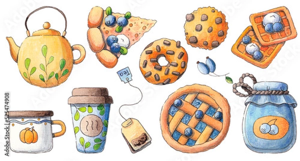 Obraz A set of autumn illustrations. Autumn items: teapot, coffee, cake, pastries. An illustration drawn in watercolor.
