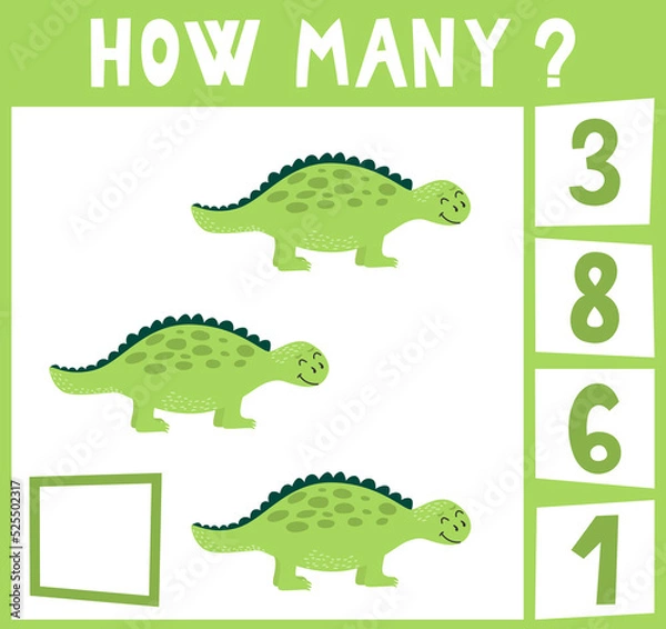 Fototapeta Count how many dinosaurs. Mini math game how many for preschoolers and kindergarten. Cartoon Vector Illustration of Education Counting Game for Preschool Children. Three objects