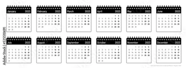 Fototapeta Black and white calendar template for year 2023, months, week starts on Monday, outline with black header