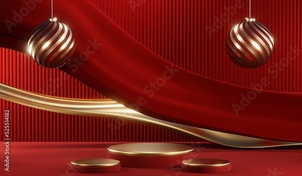 Fototapeta 3D rendering of blank product background for cream cosmetics Modern red podium background