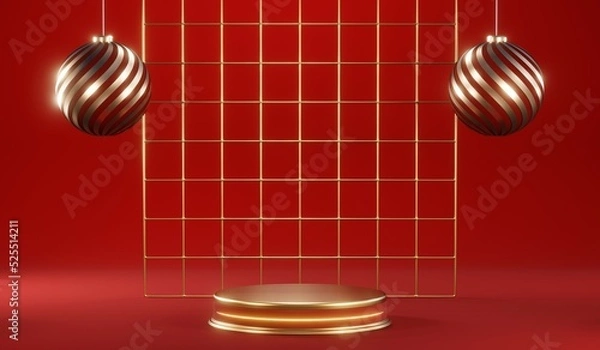 Fototapeta 3D rendering of blank product background for cream cosmetics Modern red podium background