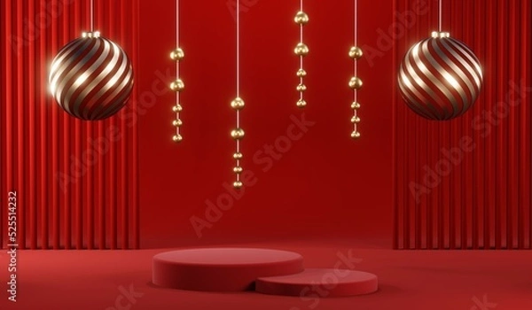 Fototapeta 3D rendering of blank product background for cream cosmetics Modern red podium background