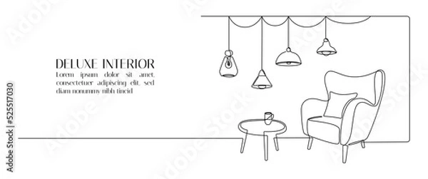 Fototapeta One continuous line drawing of armchair and hanging lamp. Modern loft furniture for living room interior in simple linear style. Editable stroke. Doodle Vector illustration