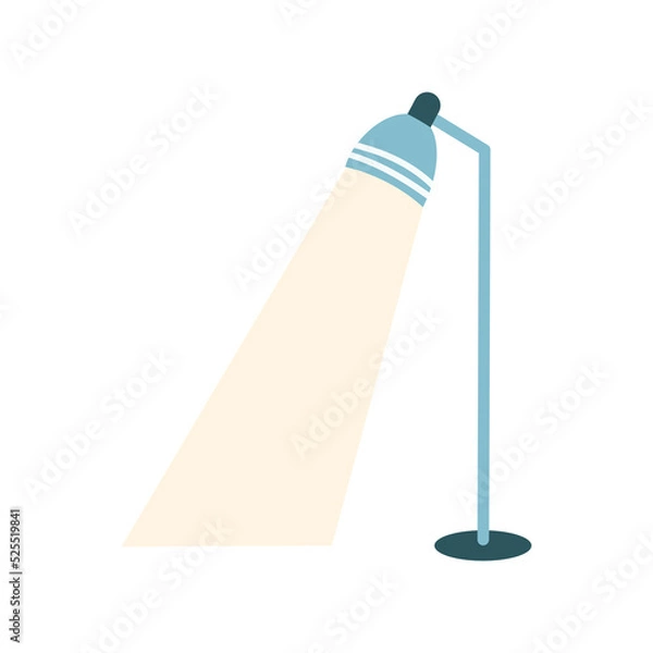 Fototapeta Floor lamp with light on in cartoon flat style. Vector illustration of interior furniture, torchere, cozy home